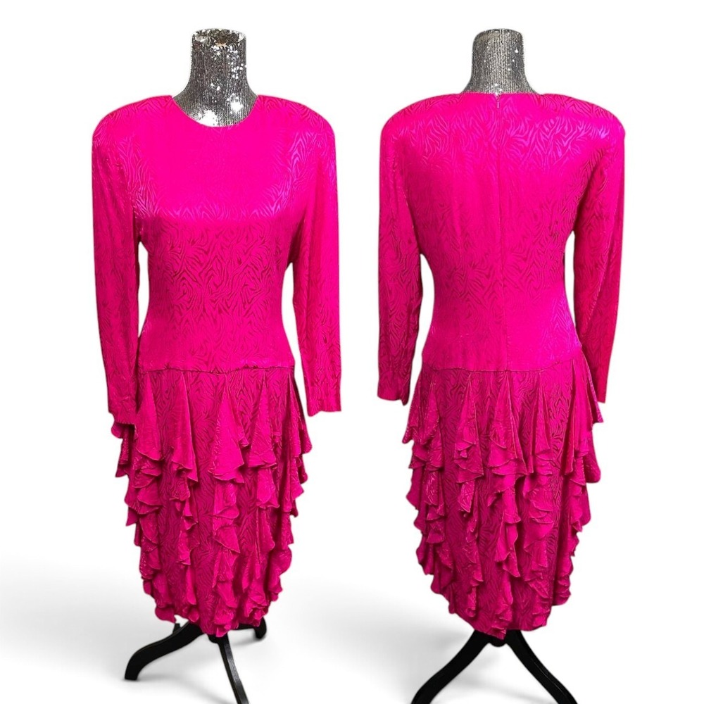 Vintage Adrianna Papell 100% Silk Fuchsia Long Sleeve Tiered Ruffle Midi Dress M - Picture 1 of 10